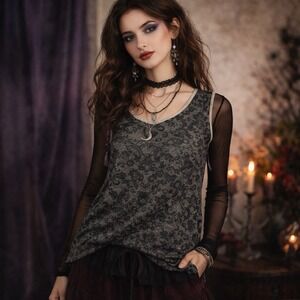 Vtg Top Embossed Blouse Whimsigoth Boho Fairy Classic Gothic Witchy Tapestry S